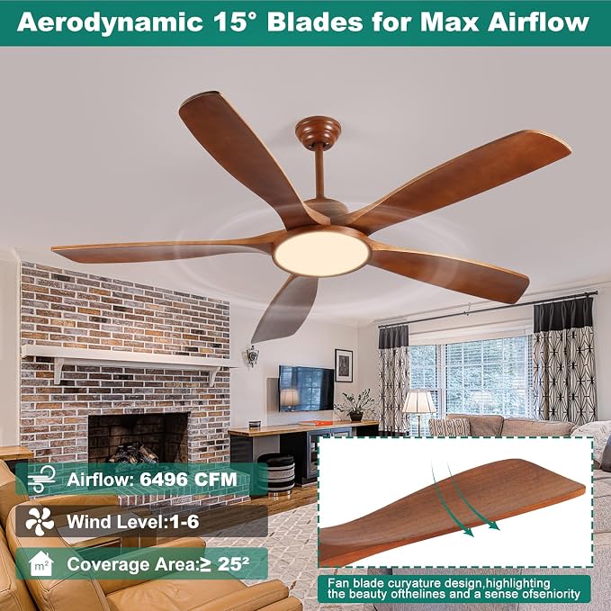 62 Inch Lage Ceiling Fans with Lights and Remote Wood Outdoor Fans for Patios 5 Solid Blades Modern Farmhouse Ceiling Fan for Porch Living Room 6 Speeds FCC Reversible DC Motor