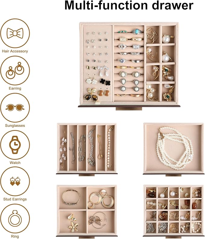 Frebeauty Jewelry Box for Women,Clear Lid Jewelry Organizer with 5 Drawers | Faux Leather,Velvet Lining,5-Layer Large Capacity,Jewelry Storage for Rings Earrings,Dustproof Design,Golden Stylish Handle