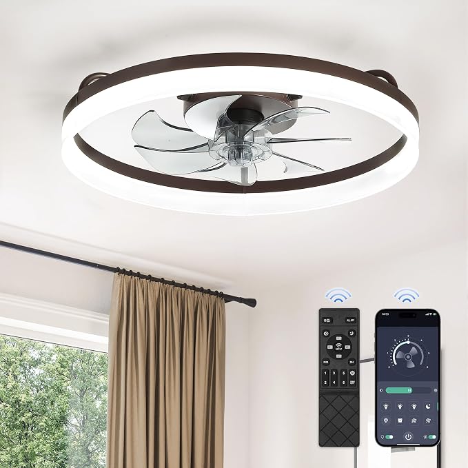 LEDIARY Ceiling Fans with Lights, 20 inch Low Profile Flush Mount Ceiling Fan, Dimmable LED, APP & Remote Control, Quiet Reversible DC Motor, 6 Speeds, Fandelier for Bedroom, Brown