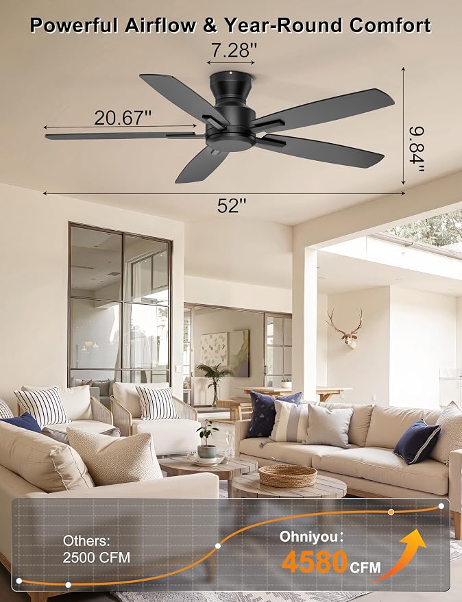 Ohniyou 52 Inch Ceiling Fan No Light, Low Profile Ceiling Fan with Remote and App Control, Flush Mount Ceiling Fan without Light for Bedroom Living Room Covered Patios, Quiet DC Motor, Black