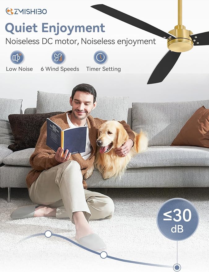 ZMISHIBO 2 Pack 52 Inch Outdoor Ceiling Fans with Remote, Gold Ceiling Fan No light with Quiet Reversible DC Motor, 6 Speeds, 3 Blade Modern Ceiling Fans for Patio Living Room Bedroom Indoor