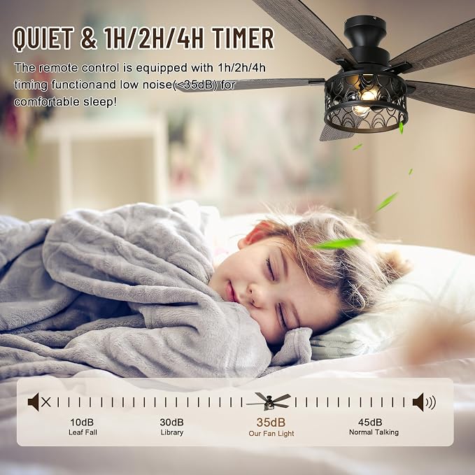 52'' Flush Mount Farmhouse Ceiling Fan with Light & Remote Control | Reversible Quiet DC Motor,6-Speed,Timer Dual-Sided Blades,Low Profile Industrial Caged Ceiling Fan for Bedroom Living Room