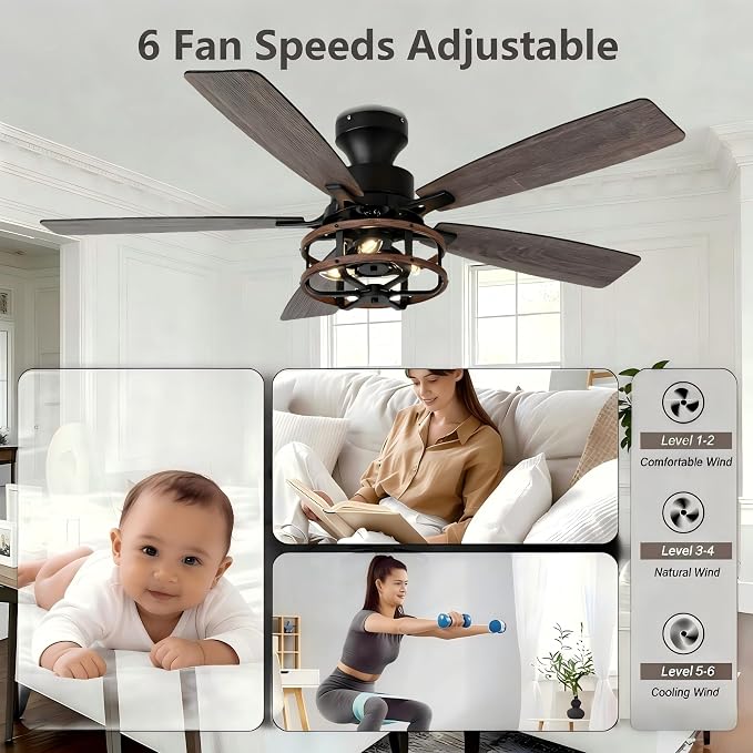 52" Flush Mount Farmhouse Ceiling Fan with Lights and Remote | Rustic Caged Fandelier Ceiling Fan, 5 Dual Blades Chandelier for Bedroom Living Room Dining Room, 3 E12 Bulbs (Not Included)