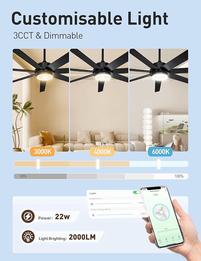 Minislak 65 Inch Black Smart Ceiling Fan with Light and Remote via WIFI Alexa APP Control,Dimmable,Quiet DC Motor Indoor Outdoor Ceiling Fans for Patios or Bedroom