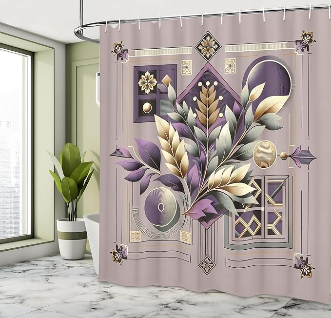 Ambesonne Botany Shower Curtain, Leafy Branches with Mid Century Geometric Shapes Retro and Modern Aura, Cloth Fabric Bathroom Decor Set with Hooks, 69" W x 70" L, Mauve Taupe and Eggplant