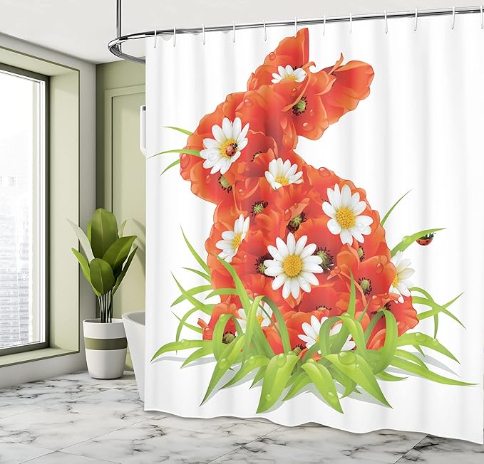 Ambesonne Ladybugs Shower Curtain, Spring Flowers in Shape of Easter Rabbit Wild Nature Camomile Blooms Grassy, Cloth Fabric Bathroom Decor Set with Hooks, 69" W x 70" L, Red White Green