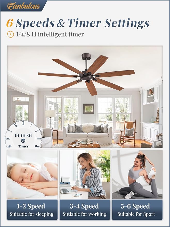 62 Inch Ceiling Fan No Light with Remote Control, Brown Ceiling Fans Without Light With 6-Speeds Quiet Reversible DC Motor, Indoor/Outdoor Ceiling Fan with Dual Finish 7 Blades for Patio Living Room