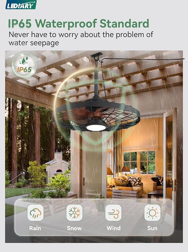 LEDIARY 24" Outdoor Ceiling Fan with Lights,IP65 Waterproof Gazebo Hanging Fan with Remote Control Smart App, Plug in Caged Ceiling Fan with 3CCT 6-Speeds for Patio Porch Pergola(Walnut)
