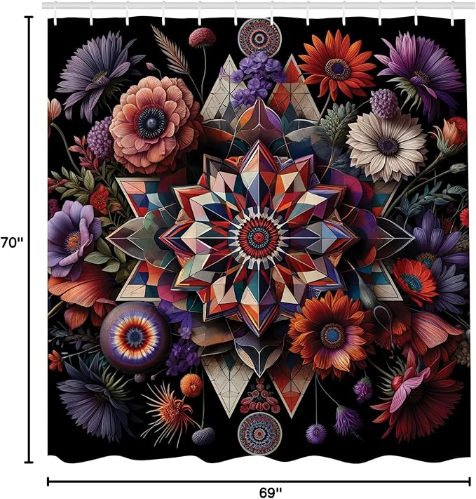 Ambesonne Boho Floral Shower Curtain, Abstract Exotic Flowers Arrange with Trippy Element on Dark Back Print, Cloth Fabric Bathroom Decor Set with Hooks, 69" W x 70" L, Purple Black Coral