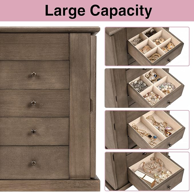 Emfogo Jewelry Box for Women, 5 Layer Large Wood Jewelry Boxes & Organizers for Necklaces Earrings Rings Bracelets, Rustic Jewelry Organizer Box with Drawers and Mirror(Weathered Gray)