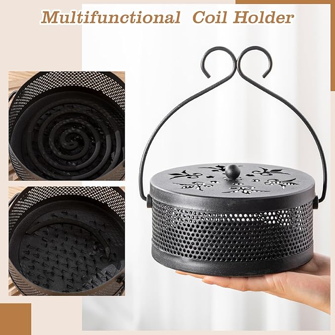 Lallisa Incense Coil Holder Sets, Round Metal Hanging Incense Burner with Handle and Lid, Portable Coil Burner Stand Container for Patio Camping Garden Home Indoor Outdoor Decor(Classic Black,4 Pcs)