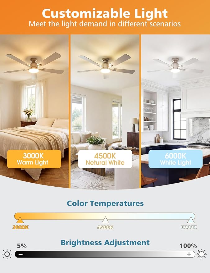 VOLISUN 52 Inch Ceiling Fan with Lights Flush Mount, Low Profile Ceiling Fans with Lights, Remote&APP Control,Dimmable 22W LED Light,Queit&Reversible Fan, Ceilings Fans for Bedroom, Living Room,Nickel