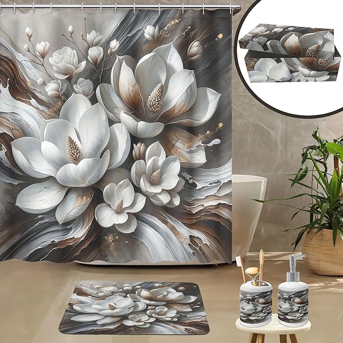 Ambesonne Brown Bathroom Decor Set 4 Pcs Including Shower Curtain with Hooks Bath Mat Soap Dispenser Toothbrush Holder in Box Essentials & Accessories, Magnolia Watercolor, White Dark Grey Chocolate