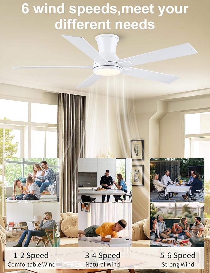 52 Inch White Flush Mount Ceiling Fan with Light, 3CCT Dimmable LED, 6-Speed Remote Control, Reversible Motor,Quiet Low Profile Energy-Efficient for Bedroom & Living Room,ETL Listed
