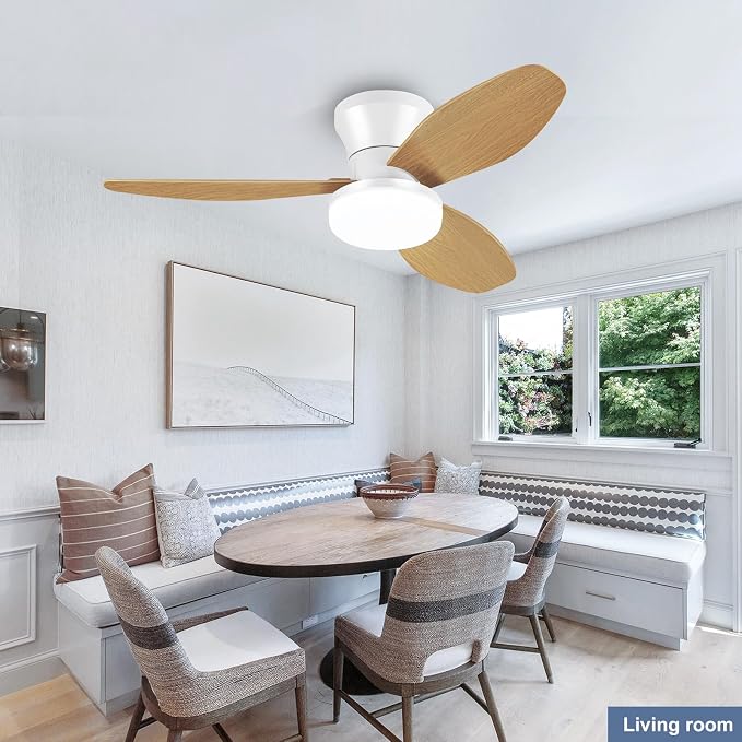 Small White&Wood Ceiling Fan with Light - 35 Inch Flush Mount Ceiling Fan with Lights and Remote, Low Profile Ceiling Fans with 3 Reversible Blades, 6 Speeds, Ceiling Fans for Bedroom Kitchen