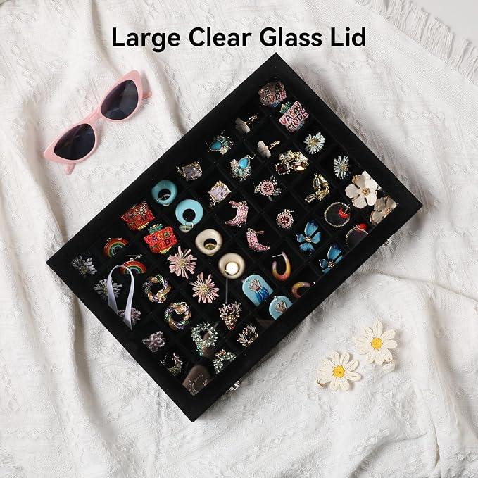 Frebeauty 48 Grid Earring Organizer,Velvet Jewelry Tray with Clear Lid | Drawer Jewelry Organizer for Rings Studs Beads,Adjustable Dividers,Dustproof,Earring Storage,Trinket Box,13.8×9.5Inches