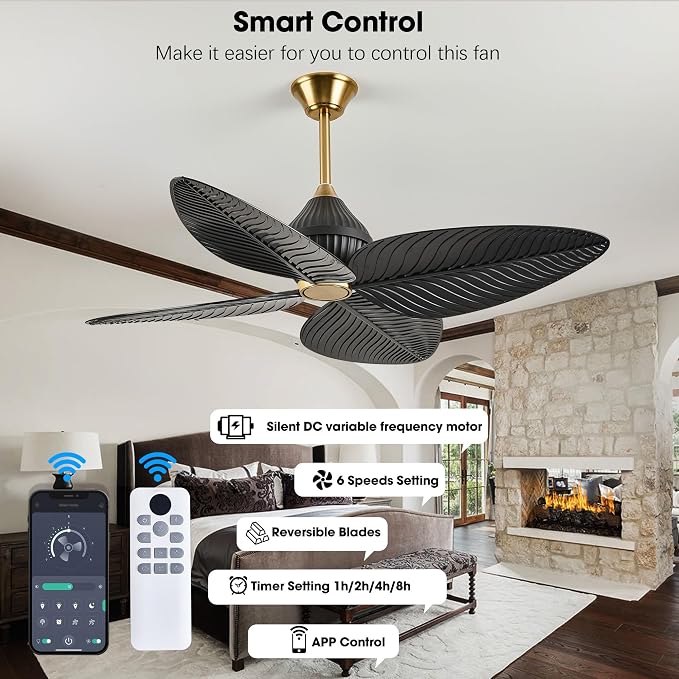 52 inch Ceiling Fan Without Lights, Remote & APP Control, 6 Speed DC Motor, 4 Palm Leaf Blades, Tropical Ceiling Fans for Bedroom, Living Room (Black Gold)
