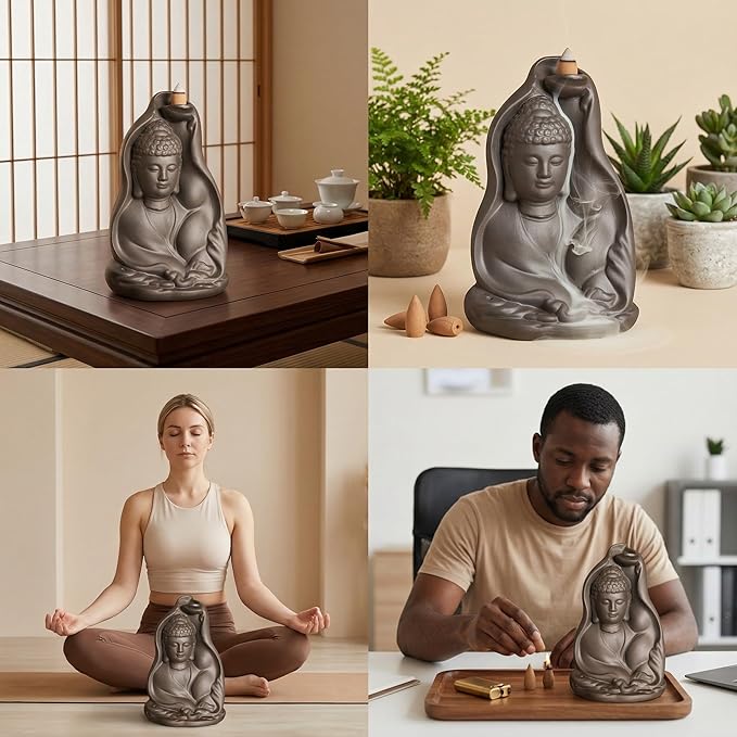 Ceramic Incense Burner, Waterfall Reflux Design, Aromatherapy Holder for Cones and Sticks, Dark Brown。 (XRL)