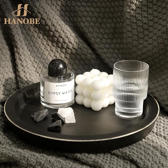 Hanobe Round Wood Candle Holder Tray, Black Coffee Table Centerpiece Decor | Rustic Decorative Candlestick Plates for Kitchen Counter, Farmhouse Living Room Decor