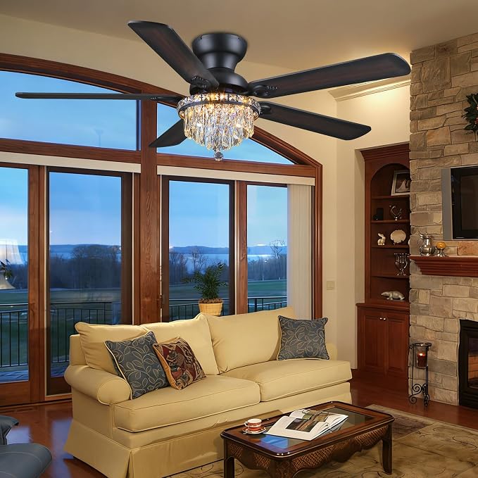GJeg Crystal Ceiling Fan Fandelier with Lights-Ceiling Fans with Remote Control,Modern Ceiling Fan with Noiseless DC Reversible Motor,Dining Room,Living Room(52" Black)