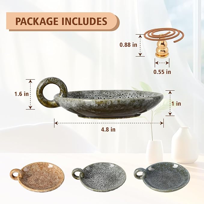Ceramic Candle Holders with Handle, Palo Santo Holder for Burning, Vintage Farmhouse Smudge Incense Stick Bowl, Sage Burner Tray, Ash Catcher Plate for Meditation Room Home Decor (Green Grey)