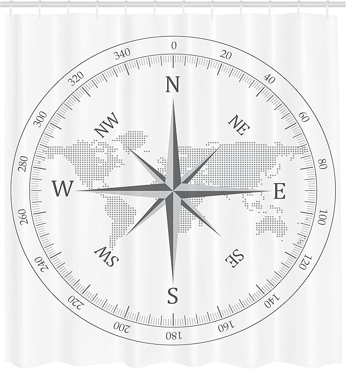 Ambesonne Compass Shower Curtain, Compass Illustration World Map Maritime Seaman Life Equipment Monochromic Artwork, Cloth Fabric Bathroom Decor Set with Hooks, 69" W x 70" L, White Gray