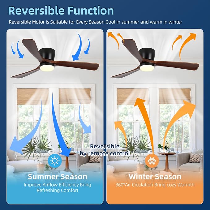 Ceiling Fans with Lights and Remote Control, 52 Inch Solid Wood Blade, Low Profile Flush Mount, LED Dimmable DC Reversible Modern Ceiling Fans with APP Control for Bedrooms, Living Rooms, Patio, Black