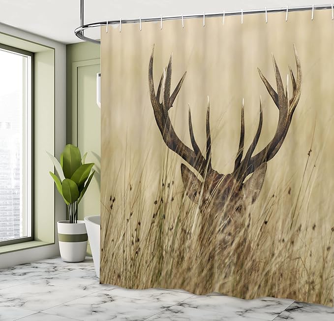 Ambesonne Antler Shower Curtain, Whitetail Deer Fawn in Wilderness Stag in Countryside Rural Hunting Theme, Cloth Fabric Bathroom Decor Set with Hooks, 69" W x 70" L, Brown Sand Brown