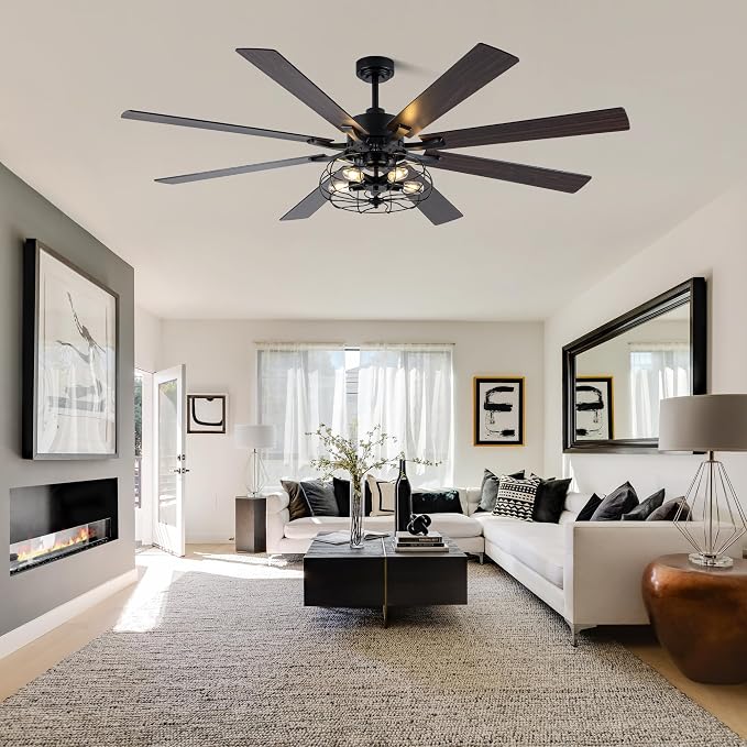 72 Inch Ceiling Fans with Lights Black Farmhouse Ceiling Fan with Remote for Living Room Large Caged Chandelier Fan 5*E26 Bulbs 6 Speed Reversible Quiet DC Motor Wood Blades (NO Bulbs)