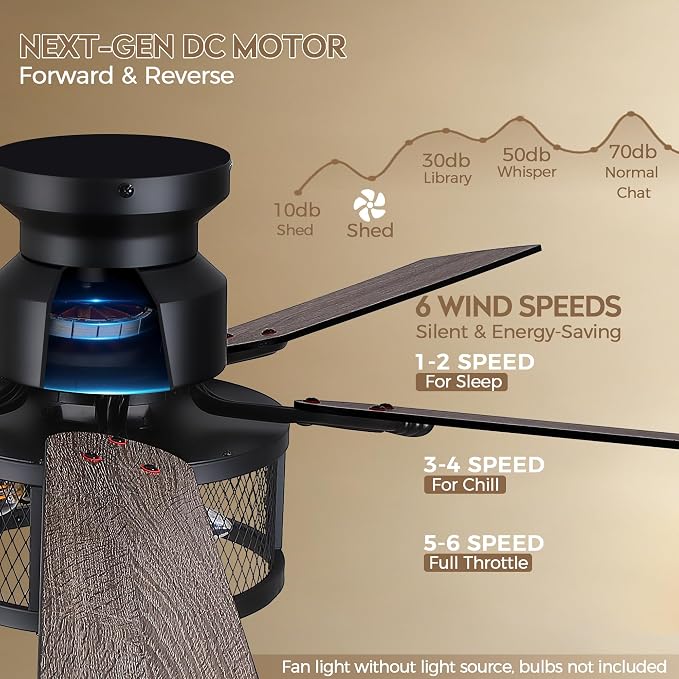 JSAITEE 52in Flush Mount Farmhouse Ceiling Fan with Lights, Caged | Low Profile Fan Light with E12 Base(Bulbs Not Included), 6 Speeds Adjustable&Timer, Rustic Lighting Fan for Indoor/Outdoor
