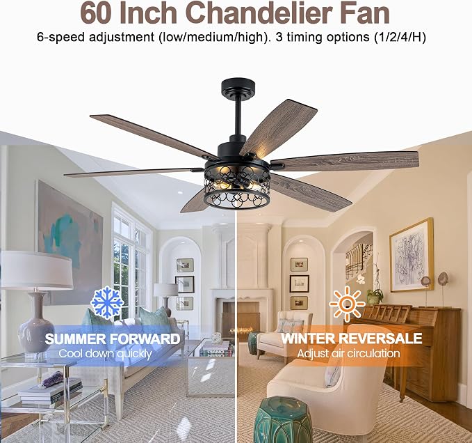 60 Inch Farmhouse Ceiling Fan with Light Industrial Ceiling Fan Rustic Caged Chandelier Fan for Living Room Bedroom Patio