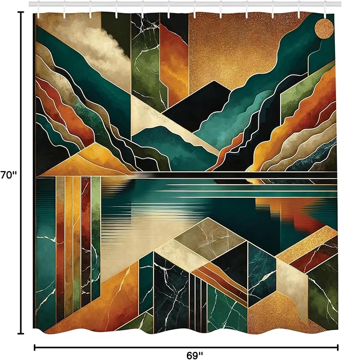 Ambesonne Mid Century Modern Shower Curtain, Lake Mountains and Cloudy Sky Surreal Boho Marble Print Landscape, Cloth Fabric Bathroom Decor Set with Hooks, 69" W x 70" L, Ginger Dark Teal
