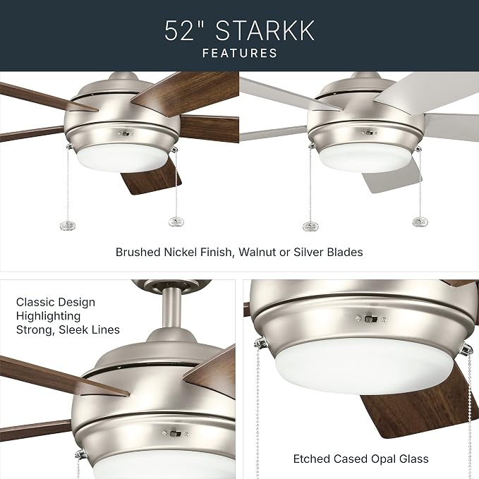 Kichler Starkk 52" Ceiling Fan with LED Lights in Brushed Nickel, 5-Blade Traditional Fan with reversible Silver/Walnut blades, 3000K, (52" W x 13.75" H), 330174NI