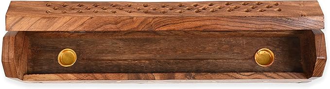 Incense Garden Pack of 2 Incense Stick Holder - Coffin Style - Wood Incense Stick Burner with Vines Inlays (Natural) Handmade with Brass Inlays