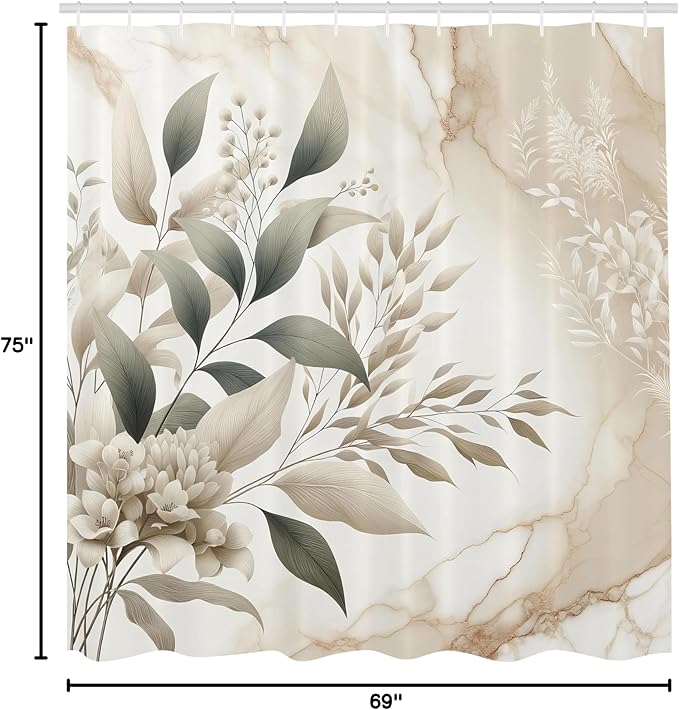 Ambesonne Neutral Shower Curtain, Romantic Cottagecore Wild Flowers Bouquet on Marble Background Print, Cloth Fabric Bathroom Decor Set with Hooks, 69" W x 75" L, Sepia and Dark Sea Green