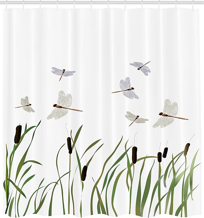 Ambesonne Dragonfly Shower Curtain, Flying Small Dragonflies Over Tall Reeds Botanical Environmental Graphic, Cloth Fabric Bathroom Decor Set with Hooks, 69" W x 84" L, Purple Green