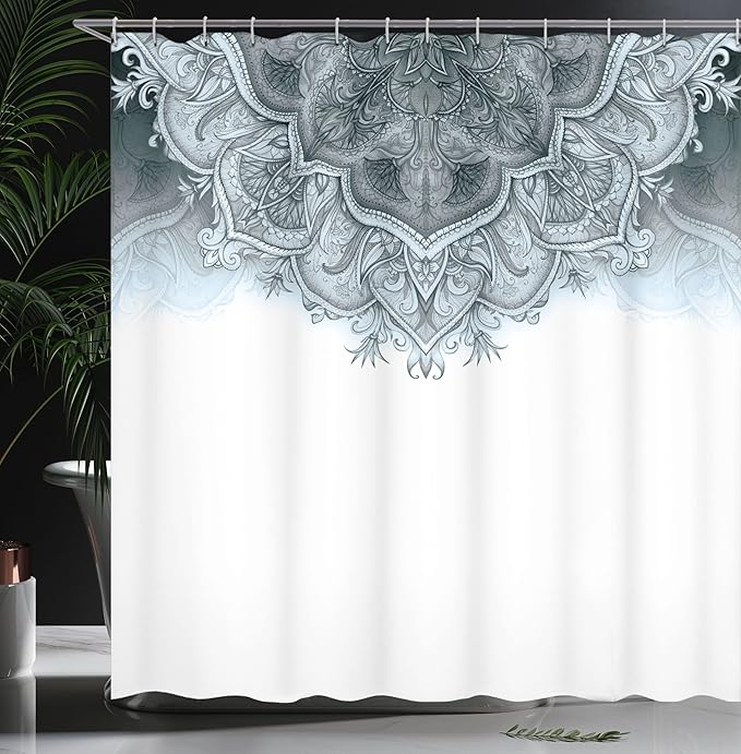Ambesonne Moroccan Shower Curtain, Floral Art Vintage Style Eastern Architectural Elements Oriental Pattern, Cloth Fabric Bathroom Decor Set with Hooks, 69" W x 70" L, Grey Blue