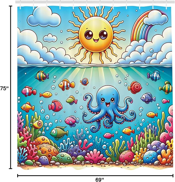 Ambesonne Ocean Shower Curtain, Nautical Happy Sun Octopus and Fish Characters with Cloudy Sea Scenery, Cloth Fabric Bathroom Decor Set with Hooks, 69" W x 75" L, Mustard Blue Multicolor