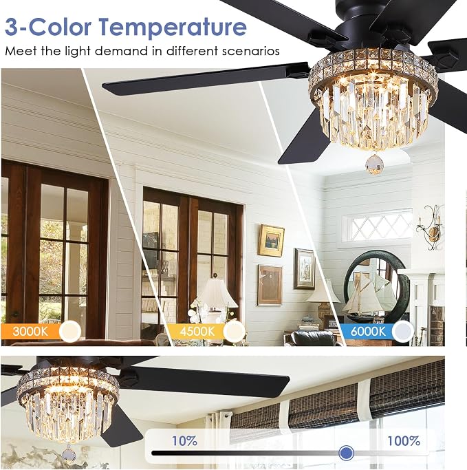 Asyko 52" Low Profile Crystal Ceiling Fans with LED Lights and Remote/APP | Supports Remote and APP,Reversible 6 Wind Speeds,30W Quiet DC Motor,6 Wood Blades,Dimmable 30W LED,Suits for Bedroom Kitchen