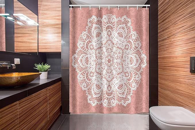 Ambesonne Mandala Stall Shower Curtain, Lace Style Vector Mandala Vintage Abstract Floral Ornamental Design Print, Fabric Bathroom Decor Set with Hooks, 54" W x 78" L, Dried Rose White