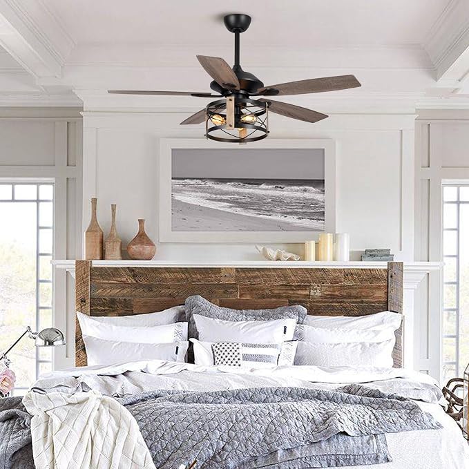 52 Inch Ceiling Fans with Lights & Remote Control, Farmhouse Caged Ceiling Fans 3 Speeds Adjustable, Reversible Motor with Timer Function, Outdoor Ceiling Fan for Living Room, Bedroom