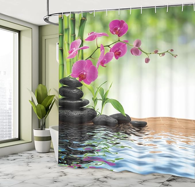 Ambesonne Orchid Shower Curtain, Greenery Composition of Tree and Exotic Wild Fuchsia Flowers Stones, Cloth Fabric Bathroom Decor Set with Hooks, 69" W x 84" L, Charcoal Grey Lime Green