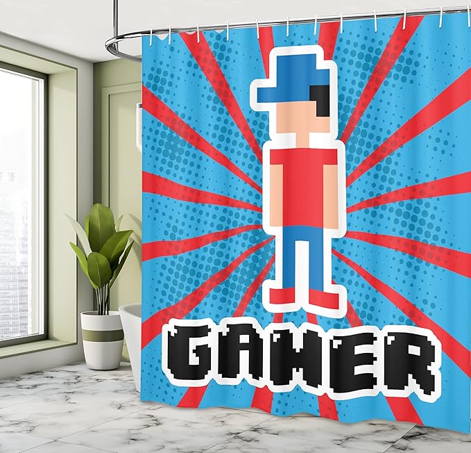 Ambesonne Video Games Shower Curtain, Red Striped Boom Beams Retro 90's Boy Cap Geometric Arrangement, Cloth Fabric Bathroom Decor Set with Hooks, 69" W x 84" L, Vermilion White