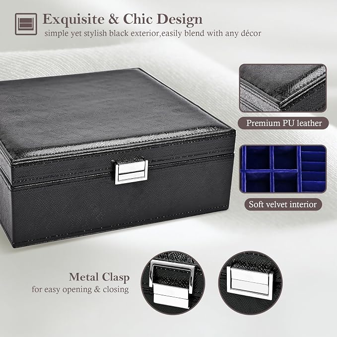 ProCase 2 Layers Jewelry Box for Women -Lizardblack | Large Leather Jewelry Organizer Storage Case with Removable Pad for Earrings