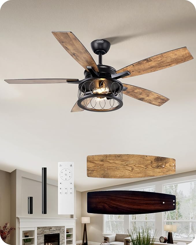EDISHINE 52'' Farmhouse Ceiling Fans with Lights, 10%-100% Dimmable, 5 Wooden Blades, 1/2/4/6 Hour Timer, 6 Speeds Reversible DC Motor, Rustic Ceiling Fan for Living Room, Bedroom, Burnt Wood