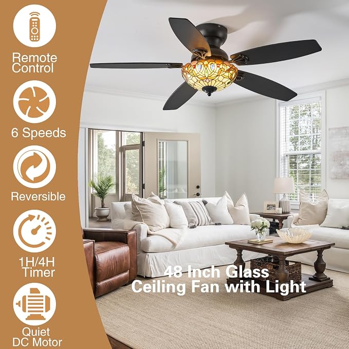Tiffany Ceiling Fans with Lights - 48" Ceiling Fan Chandelier with 5 Dual-Blades and Glass Shade, 6 Speeds and Reversible, Indoor and Outdoor, Retro Style