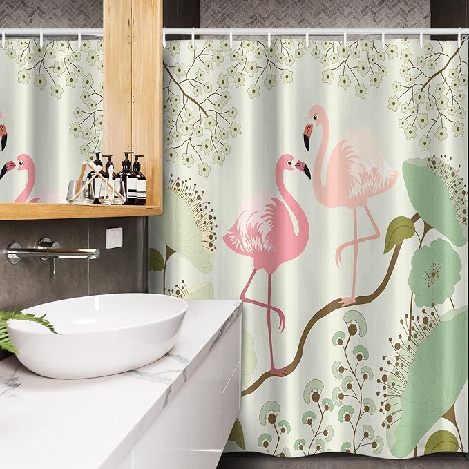 Ambesonne Peacock Stall Shower Curtain, Blossoming Floral Background with Pair of Flamingos on Tree Branch, Fabric Bathroom Decor Set with Hooks, 54" W x 78" L, Green Salmon