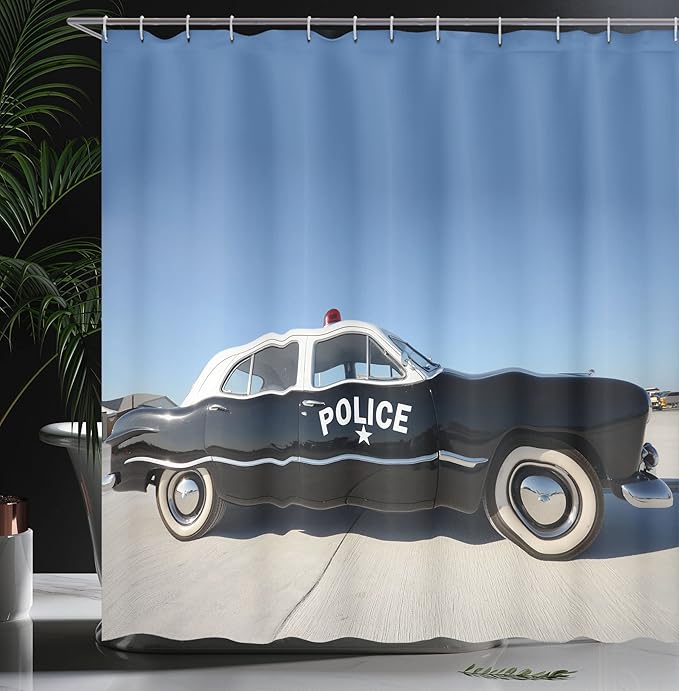 Ambesonne American Shower Curtain, Side View of a Parked Old American Police Car and The Sky Digital Print, Cloth Fabric Bathroom Decor Set with Hooks, 69" W x 70" L, Blue Beige and Black