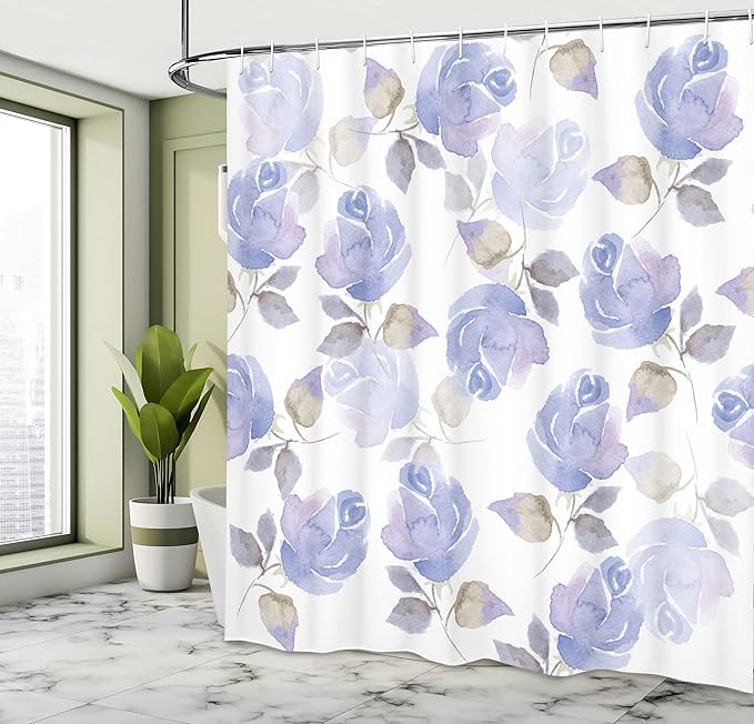 Ambesonne Rose Shower Curtain, Faint Watercolor Swirling Roses Botanical Female Novelty Wonders Art of Mother Earth, Cloth Fabric Bathroom Decor Set with Hooks, 69" W x 70" L, Eggshell Blue