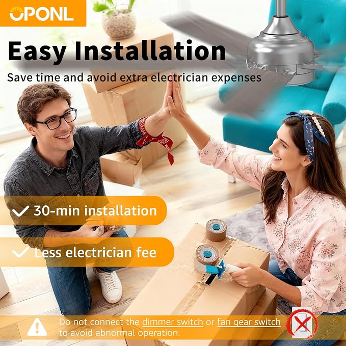 OPONL Ceiling Fan with Light, Ceiling fan with Light and Remote Control, Reversible, 6CCT, Dimmable, Noiseless, Ceiling Fan for Bedroom, Indoor/Outdoor Use, Nickel, 52 inch, Modern